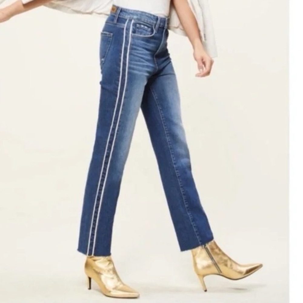 Paige Hoxton Straight Ankle Raw‎ Hem High Rise Indigo Cream Stripe Jeans Size 27